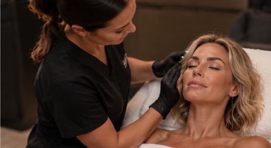 A clinician performing a gentle Newtox treatment on a relaxed client